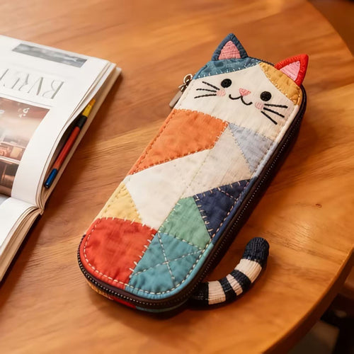 Susu Patchwork Quilted Cat Pencil Case | Cozy Fabric Pen Pouch with Tail Detail