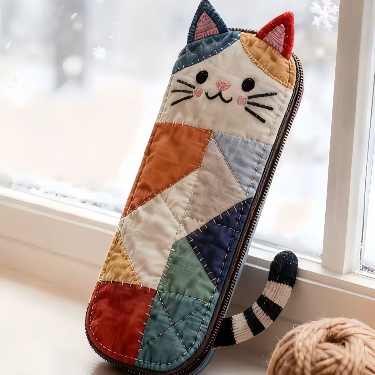 Susu Patchwork Quilted Cat Pencil Case | Cozy Fabric Pen Pouch with Tail Detail