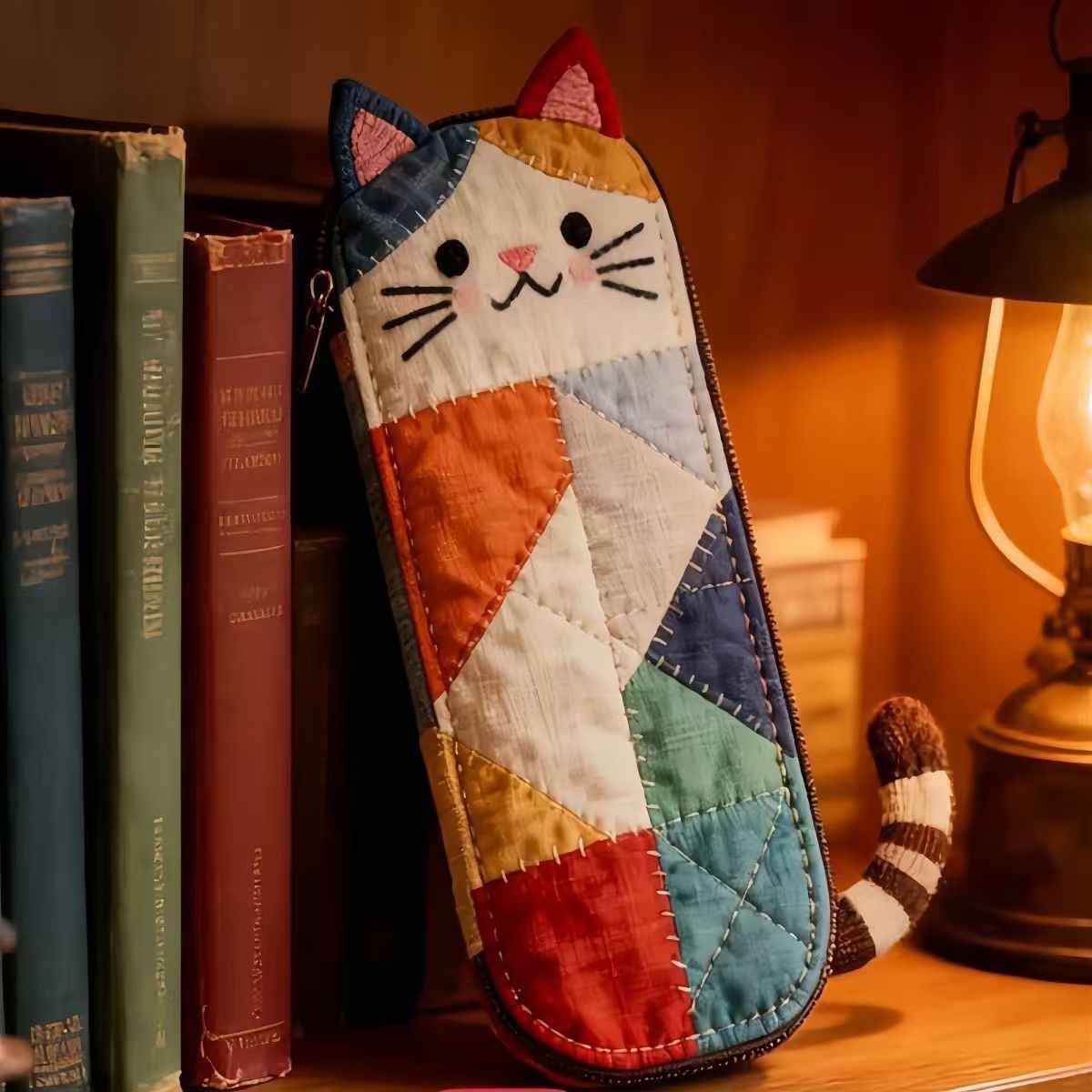 Susu Patchwork Quilted Cat Pencil Case | Cozy Fabric Pen Pouch with Tail Detail