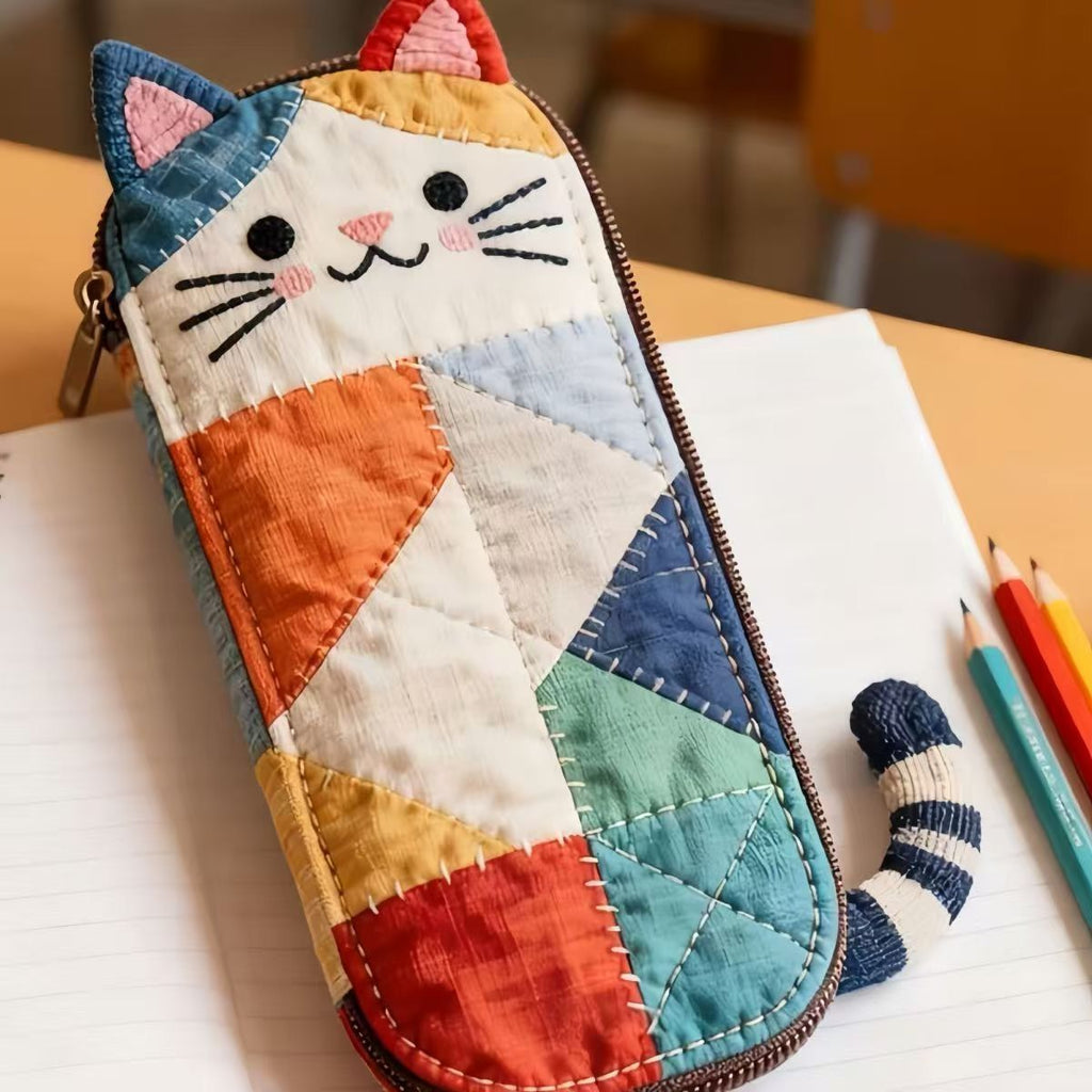 Susu Patchwork Quilted Cat Pencil Case | Cozy Fabric Pen Pouch with Tail Detail