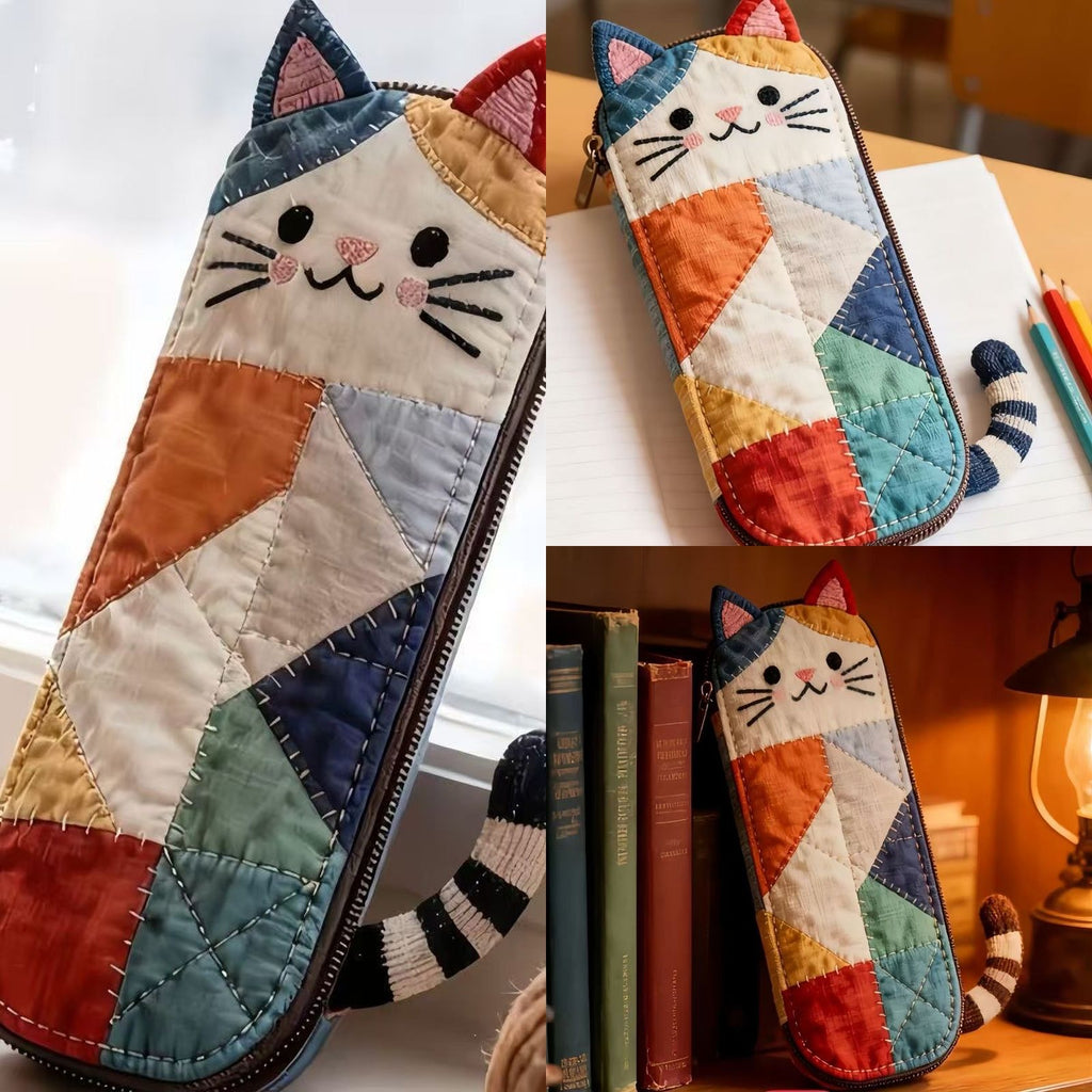 Susu Patchwork Quilted Cat Pencil Case | Cozy Fabric Pen Pouch with Tail Detail