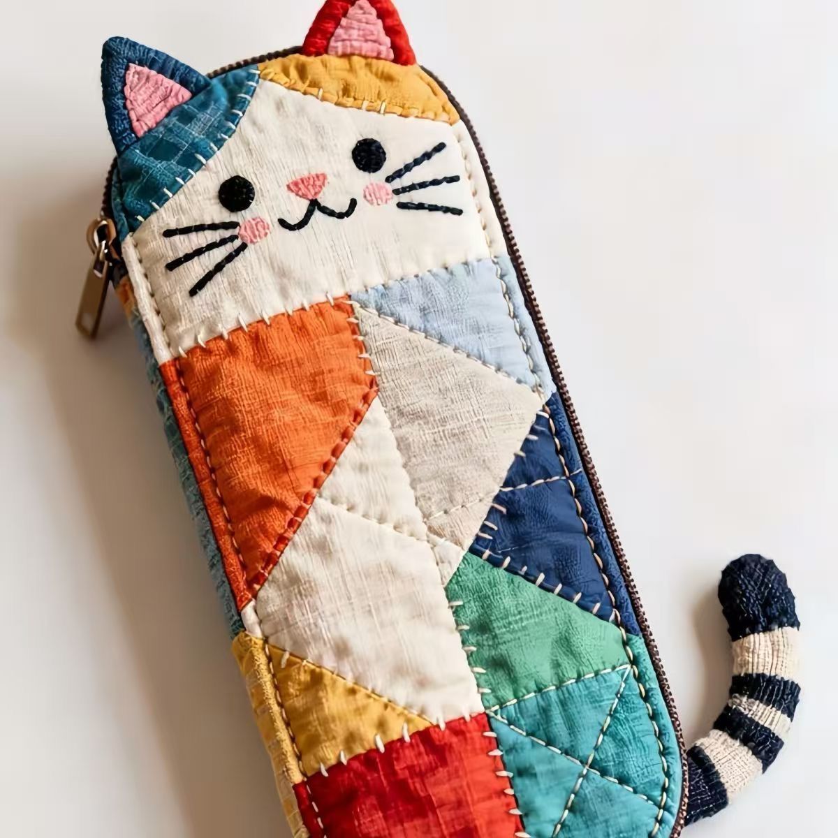 Susu Patchwork Quilted Cat Pencil Case | Cozy Fabric Pen Pouch with Tail Detail